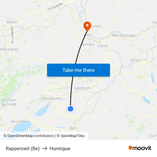 Rapperswil (Be) to Huningue map