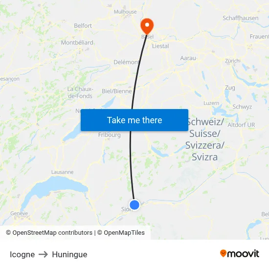 Icogne to Huningue map