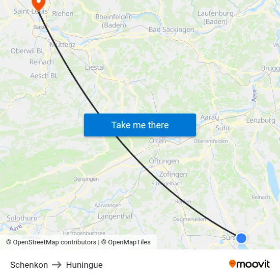 Schenkon to Huningue map