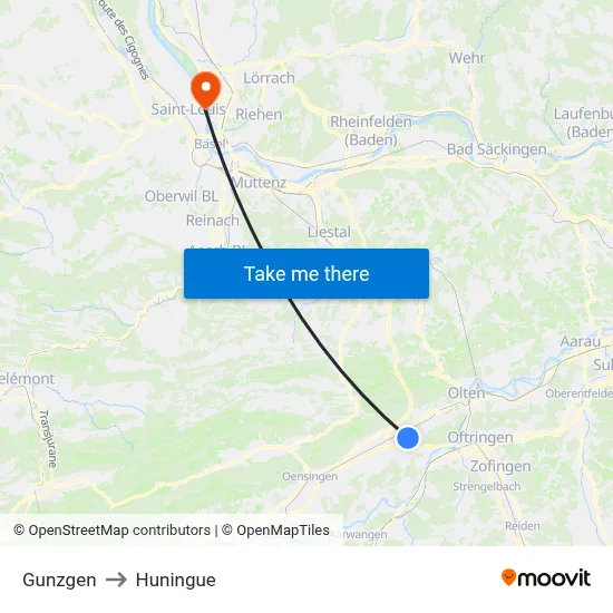 Gunzgen to Huningue map
