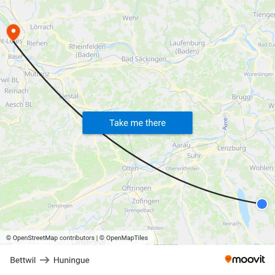 Bettwil to Huningue map