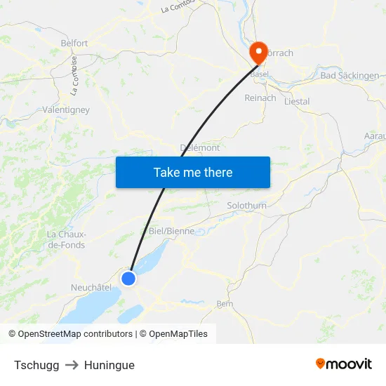 Tschugg to Huningue map