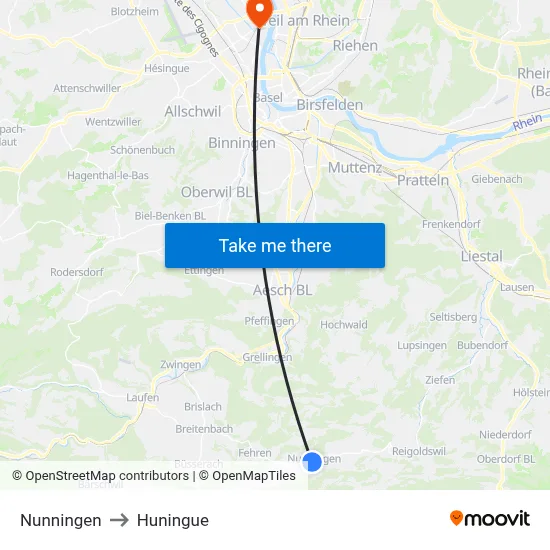 Nunningen to Huningue map