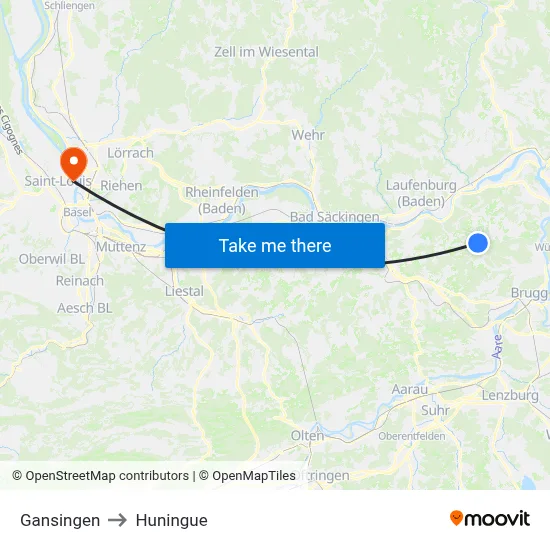 Gansingen to Huningue map