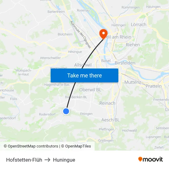 Hofstetten-Flüh to Huningue map