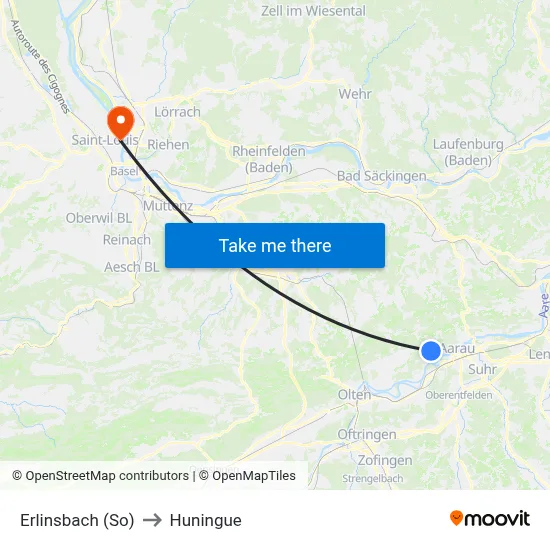 Erlinsbach (So) to Huningue map