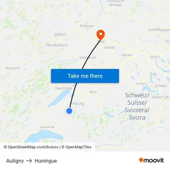Autigny to Huningue map