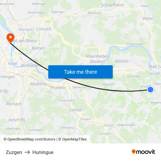 Zuzgen to Huningue map