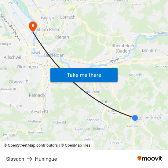 Sissach to Huningue map