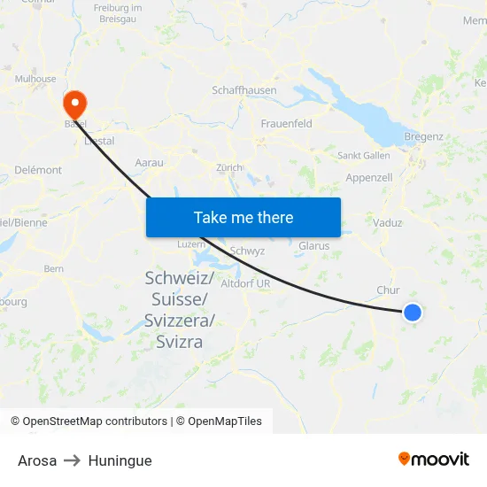Arosa to Huningue map