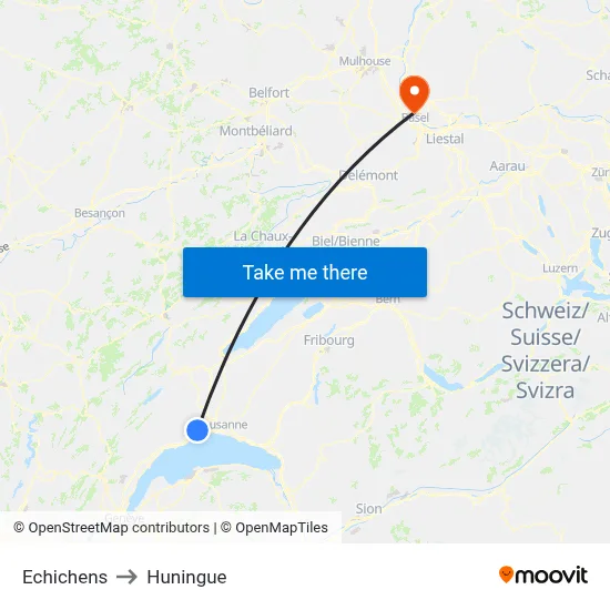 Echichens to Huningue map