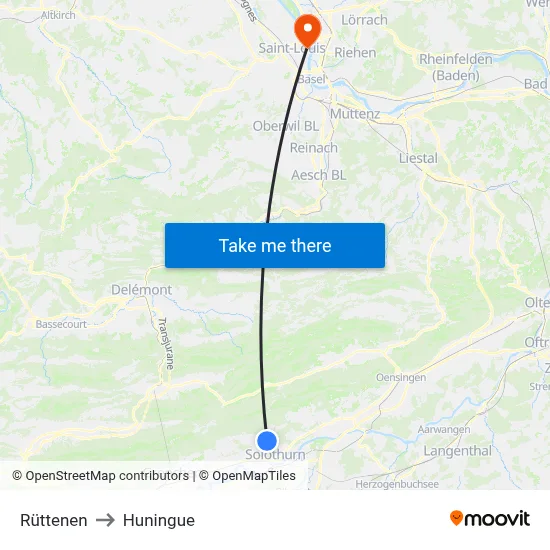 Rüttenen to Huningue map