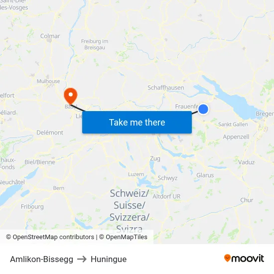 Amlikon-Bissegg to Huningue map