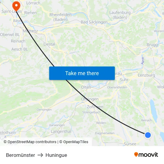 Beromünster to Huningue map