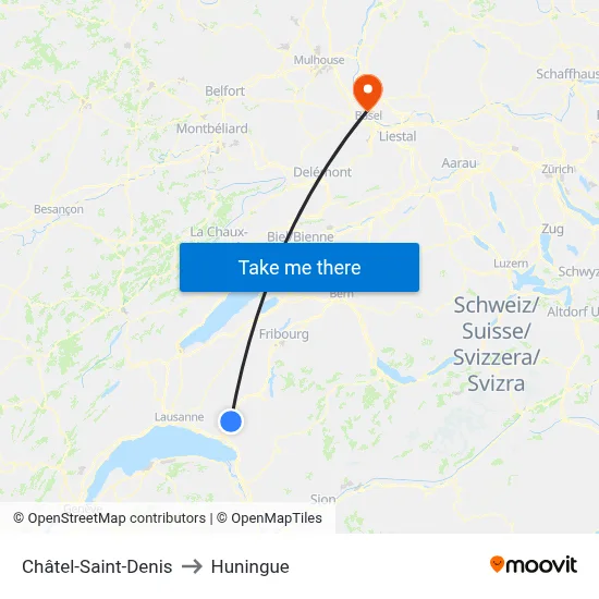 Châtel-Saint-Denis to Huningue map
