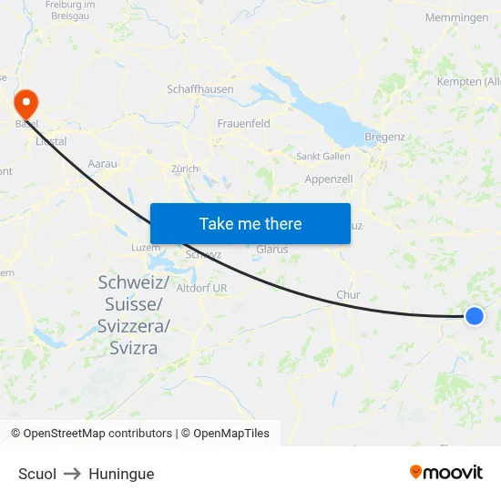 Scuol to Huningue map