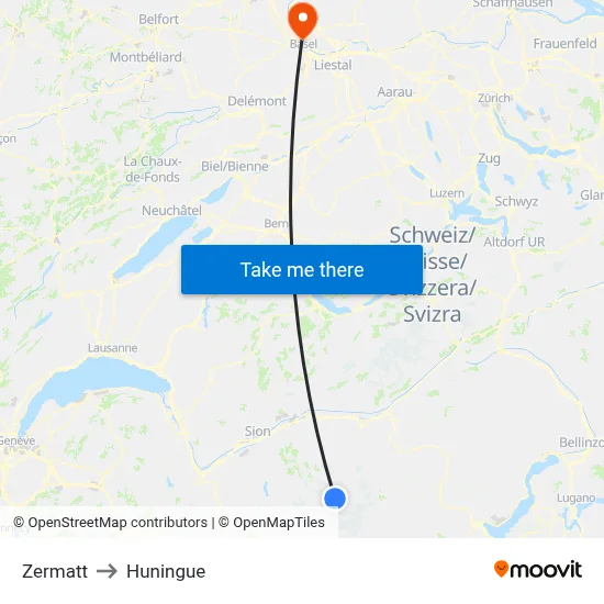Zermatt to Huningue map