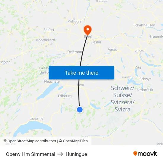Oberwil Im Simmental to Huningue map