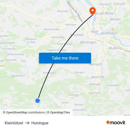 Kleinlützel to Huningue map