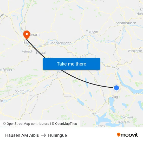 Hausen AM Albis to Huningue map