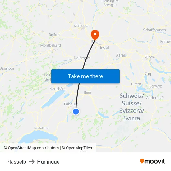 Plasselb to Huningue map