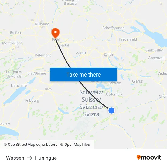 Wassen to Huningue map