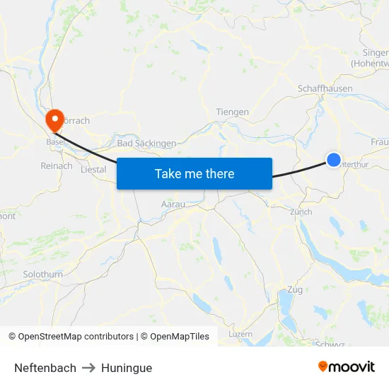 Neftenbach to Huningue map
