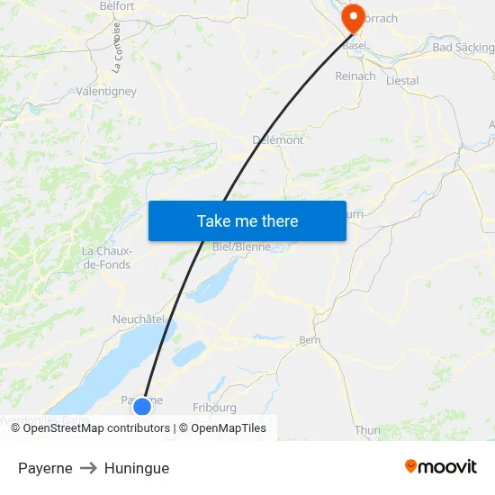 Payerne to Huningue map