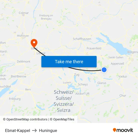 Ebnat-Kappel to Huningue map