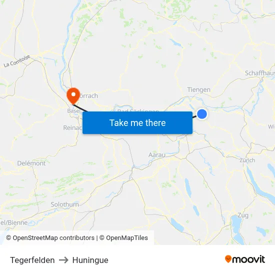 Tegerfelden to Huningue map