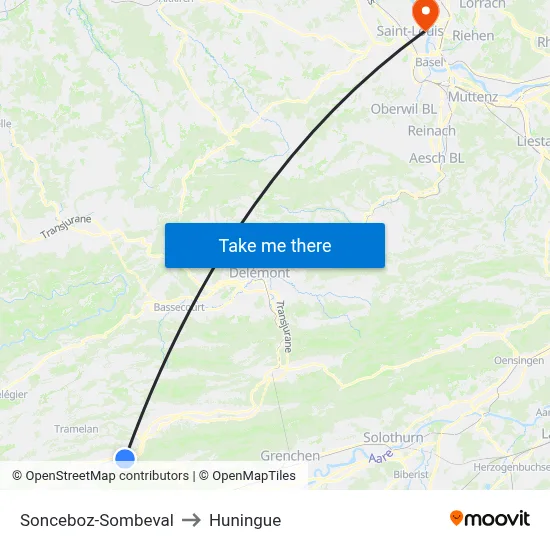 Sonceboz-Sombeval to Huningue map