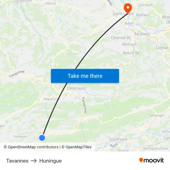 Tavannes to Huningue map