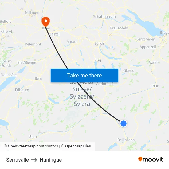 Serravalle to Huningue map