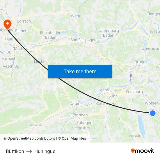 Büttikon to Huningue map