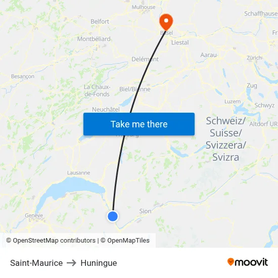 Saint-Maurice to Huningue map