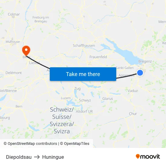 Diepoldsau to Huningue map