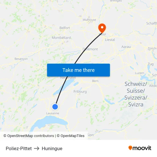 Poliez-Pittet to Huningue map