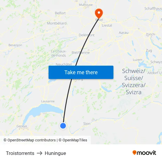 Troistorrents to Huningue map