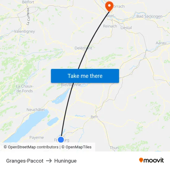 Granges-Paccot to Huningue map