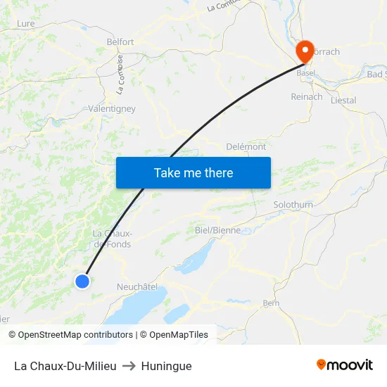 La Chaux-Du-Milieu to Huningue map