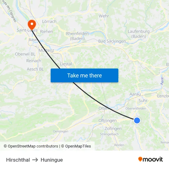 Hirschthal to Huningue map