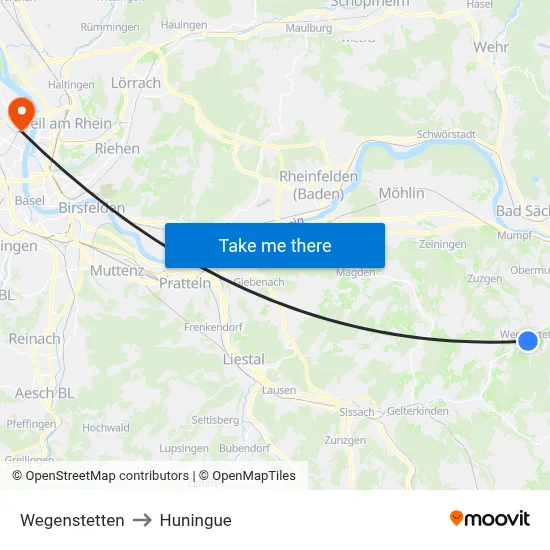 Wegenstetten to Huningue map