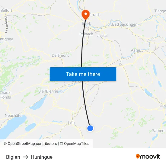 Biglen to Huningue map