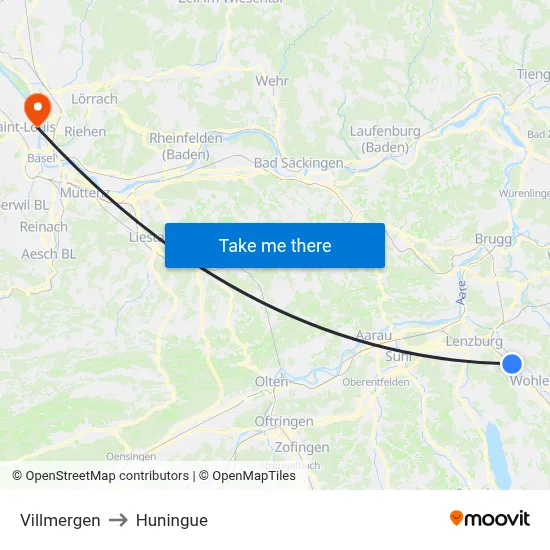 Villmergen to Huningue map