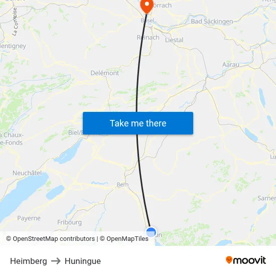 Heimberg to Huningue map