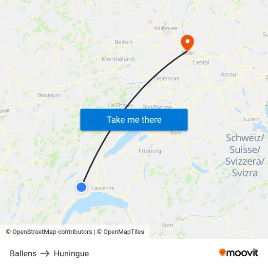 Ballens to Huningue map