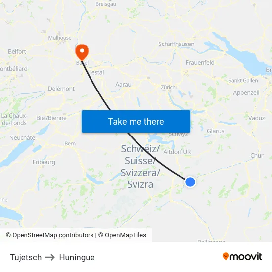 Tujetsch to Huningue map