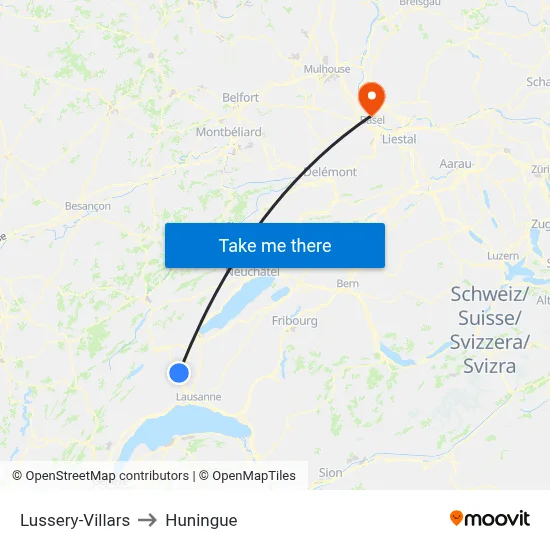 Lussery-Villars to Huningue map