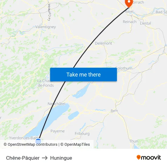 Chêne-Pâquier to Huningue map