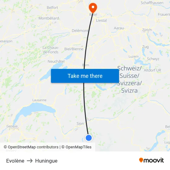 Evolène to Huningue map